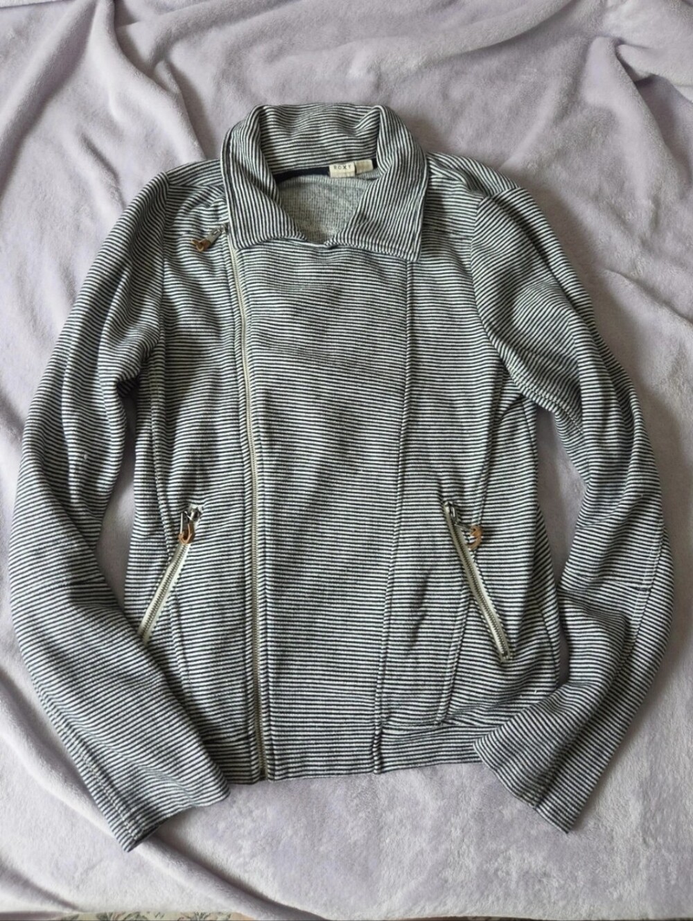 Roxy Asymmetrical Zip Moto Sweatshirt Jacket Striped Large